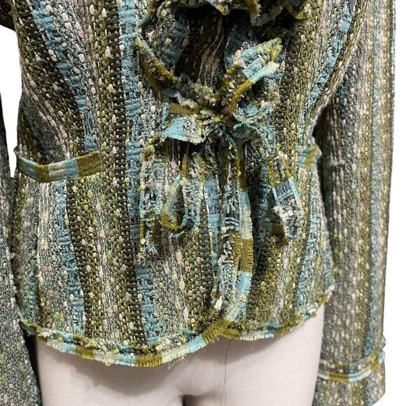 E by ECI Womens Vintage Stripe Ruffle Whimsical Boho Tweed Blazer Sz 10 - Picture 2 of 16